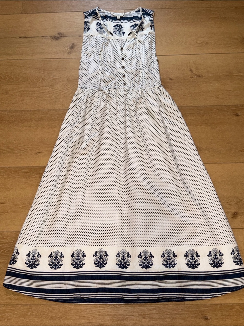 Lucky Brand White and Navy Polka Dot Cottagecore Coastal Sleeveless Midi Dress